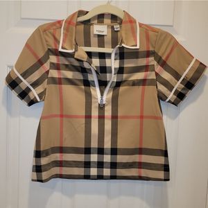 Burberry Kids Check Zip Front Beige Polo Shirt, sz 10y